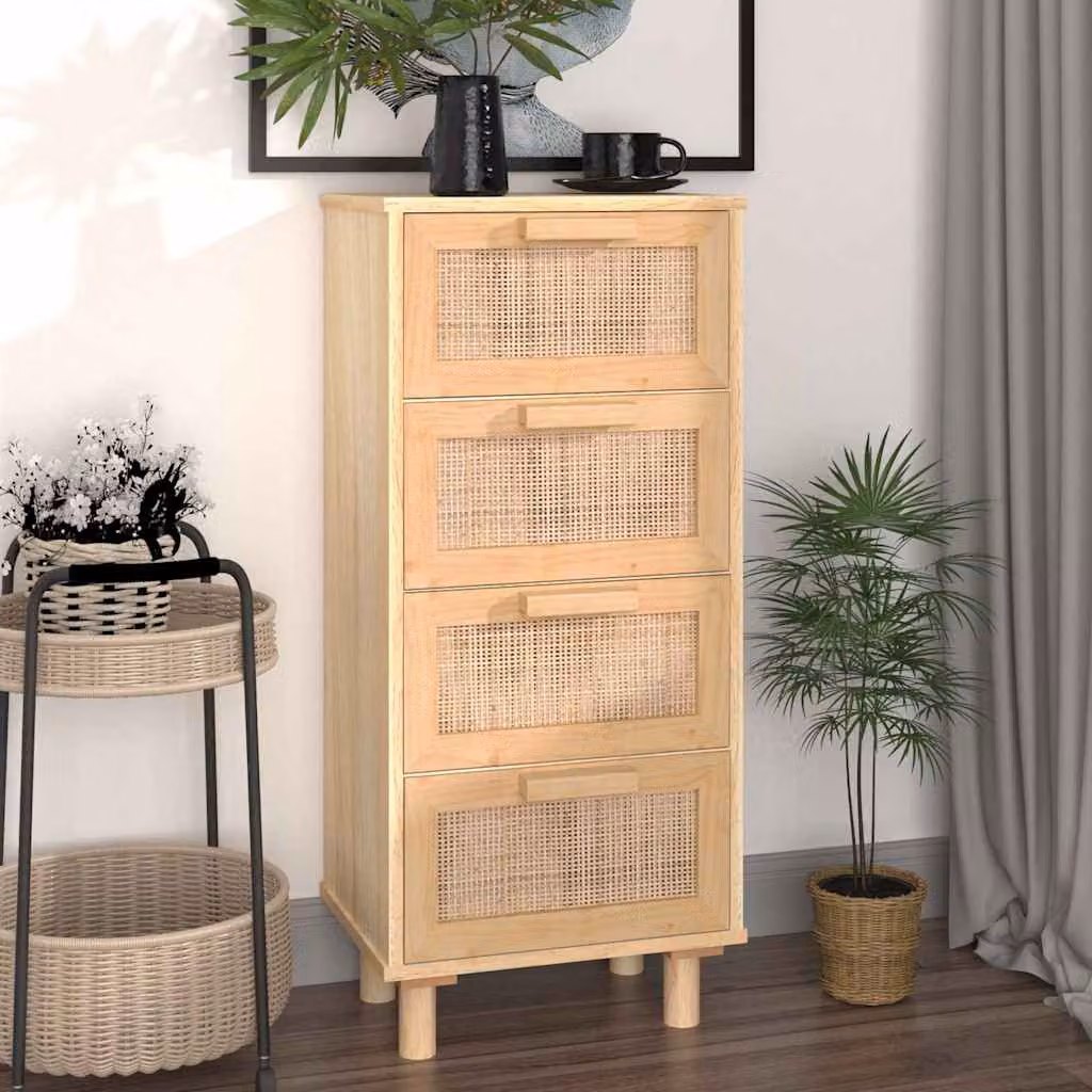 Credenza vidaXL in legno massello di pino e rattan naturale, stile boho, colore marrone e beige, L 40 cm x P 30 cm x H 90 cm