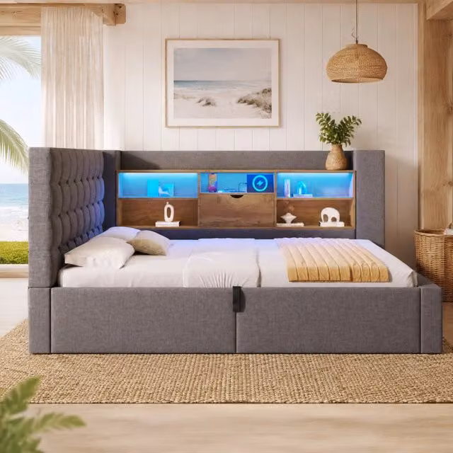 Letto 140x190 cm in lino grigio con LED e contenitore per spazi ridotti senza materasso –