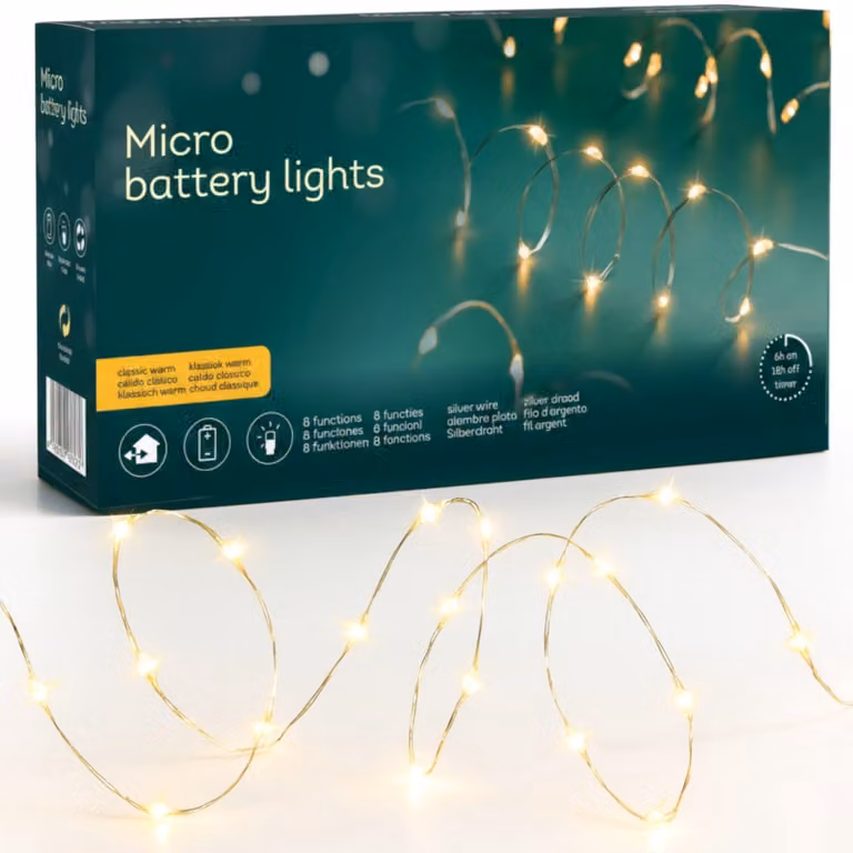 Catena luminosa a micro LED, luce bianco caldo, 20 LED, 95 cm, grado di protezione IP44, con timer