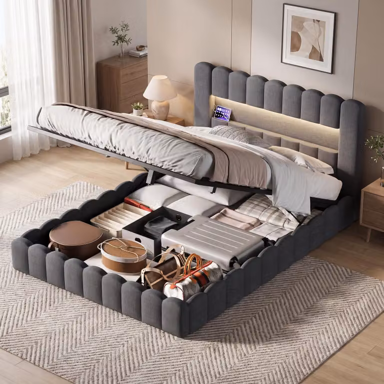 Letto con boxspring INONEFT, 140x200 cm, con LED, letto per giovani, letto matrimoniale con rete a doghe/spazio contenitore, letto imbottito con spazio contenitore e porta USB, letto in lino, grigio