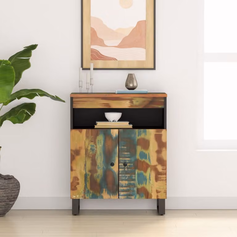 Credenza vidaXL con 2 Ante in Legno Massello di Recupero Multicolore L: 60 cm, P: 33 cm, H: 75 cm