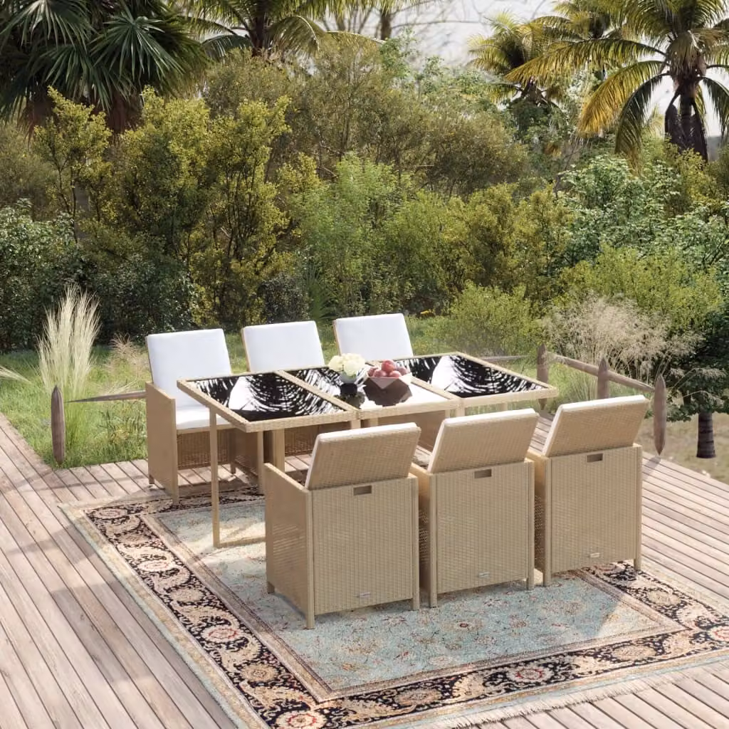 The Living Store Set da pranzo da giardino 7 pezzi con cuscini in poly rattan beige