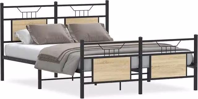 Letto matrimoniale in stile industrial con struttura in legno e metallo, colore Rovere, L/P/H: 140 x 190 x 91.5 cm