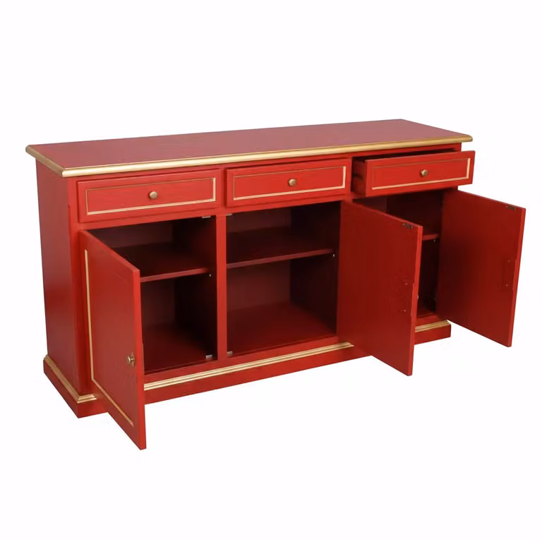 Madia credenza shabby chic in legno con 3 ante e decorazioni floreali rossa e oro Mobili 2G L/P/H: 156 x 42 x 86 cm