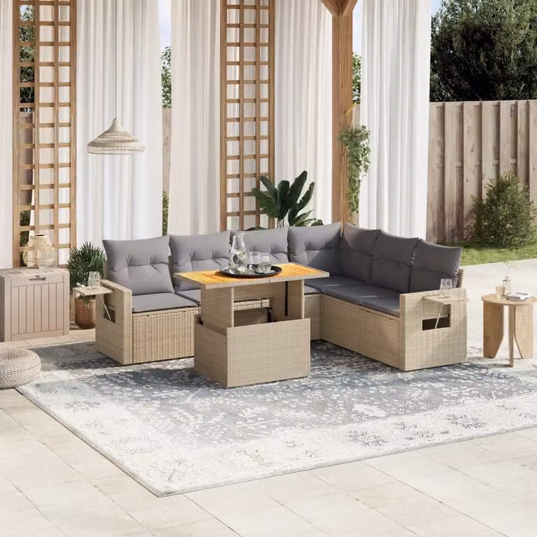 Set di divani da giardino vidaXL a forma di L composto da 7 pezzi con cuscini beige in polyrattan e legno di acacia