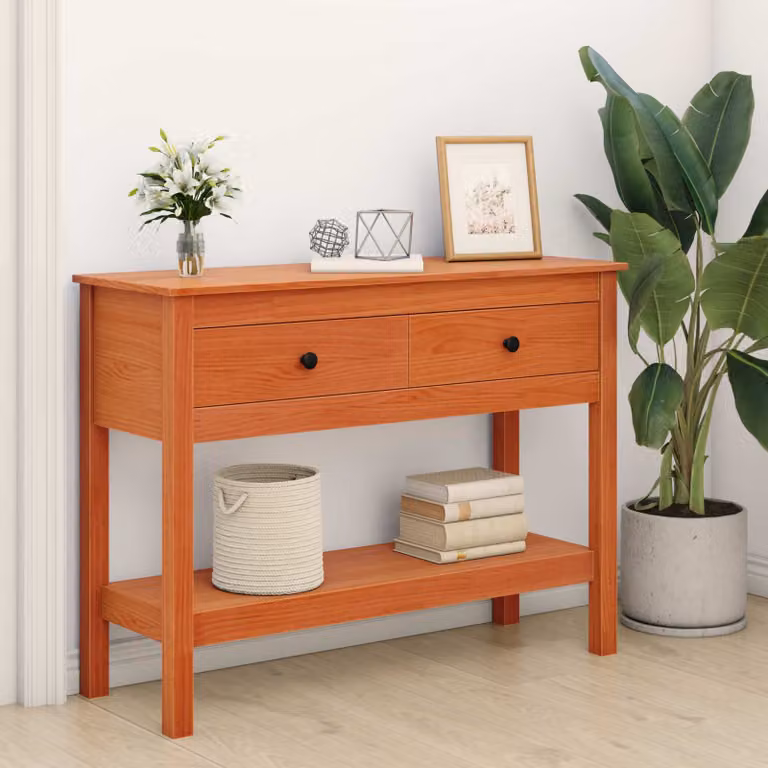 vidaXL Tavolo consolle con cassetto in legno di pino marrone cerato L/P/H: 100 x 35 x 75 cm
