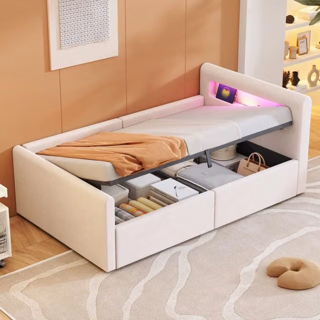 Letto singolo per bambini OKWISH in tessuto beige con contenitore idraulico, luci LED, porta USB e luce da lettura, L/P/H: 90 x 200 x 102,5 cm