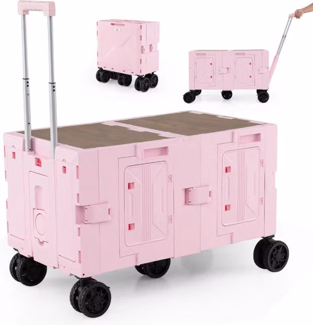 Carrello utilitario pieghevole grande con armadio a 2 livelli e 5 ruote rotanti, carrello a rulli portatile in metallo con manico telescopico, Rosa