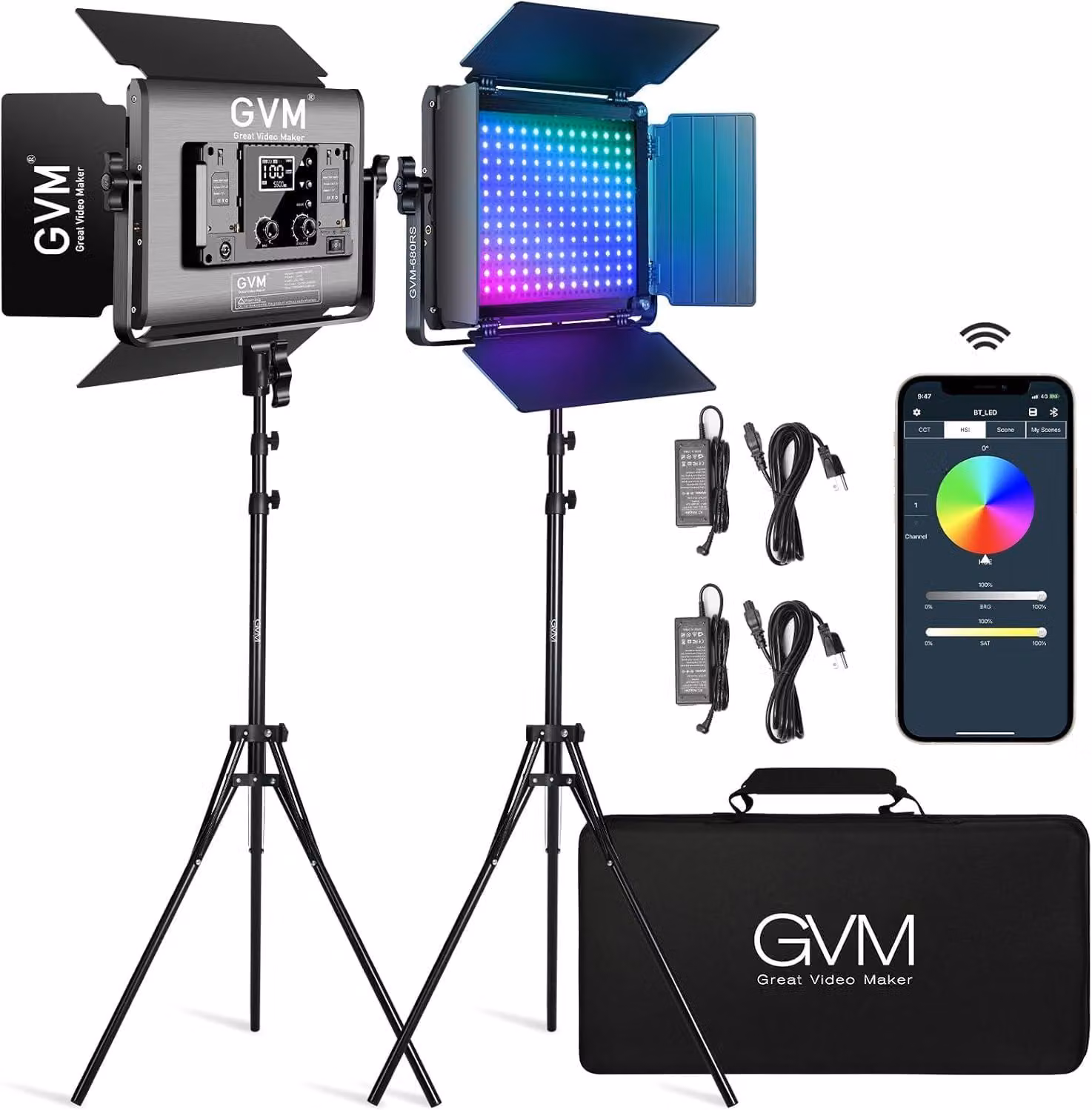 Lampada video LED GVM con treppiede, confezione da 2 pezzi, luce fotografica RGB 680RS da 50W, pannello luminoso da studio con controllo tramite app, temperatura di colore da 3200K a 5600K, 8500 Lux a 0,5 metri