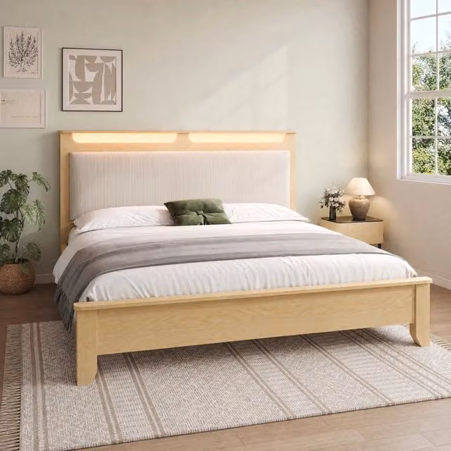 Letto 160x200 cm con LED e testiera con ripiani in MDF, truciolare e velluto a coste