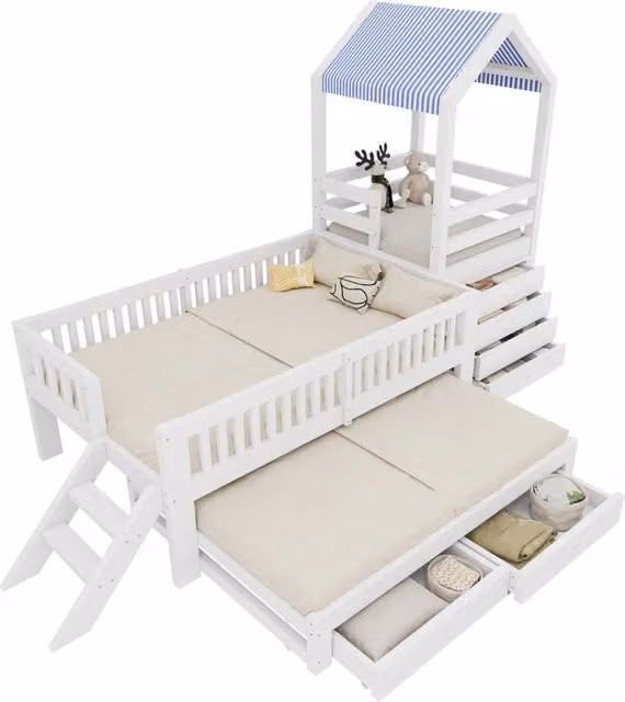 Letto a soppalco per bambini 90x200 cm con letto estraibile; cassetti e tetto in tessuto bianco