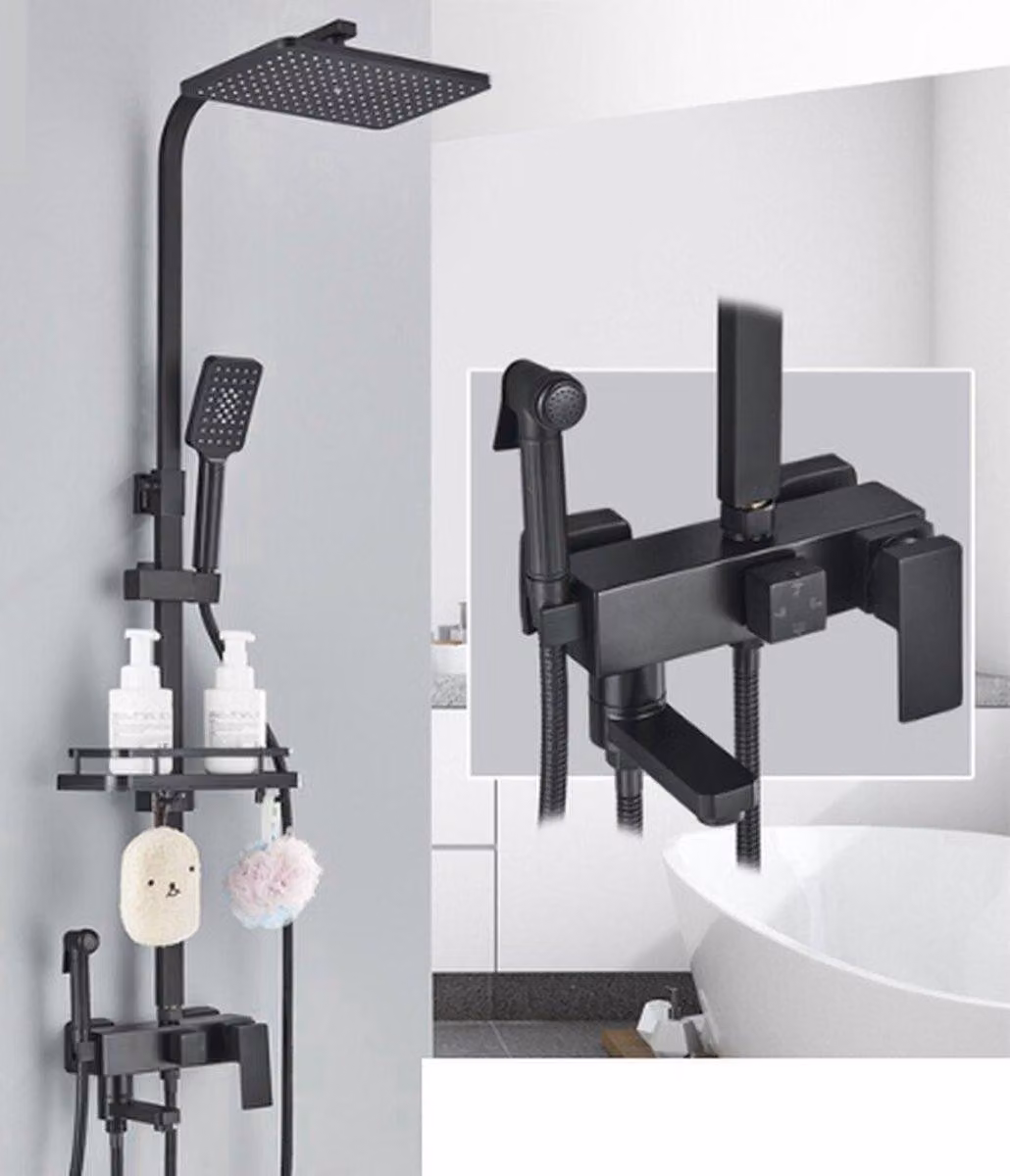 Sistema doccia completo Happyment – Set doccia in ABS – 4 funzioni – Soffione e doccetta – Soffione quadrato a pioggia – Regolabile – Nero opaco