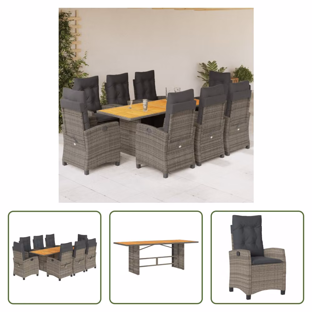 The Living Store Set da pranzo da giardino 9 pezzi con cuscini in poly rattan grigio