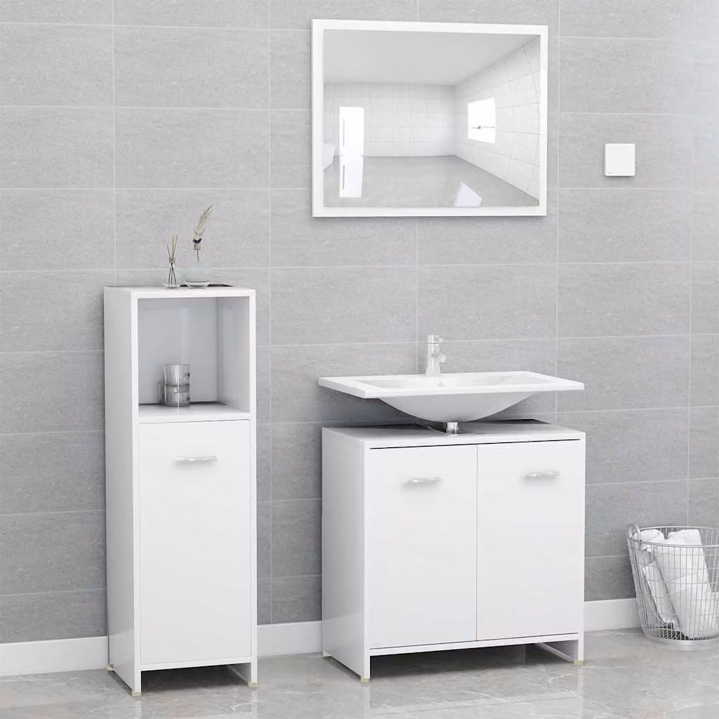 Set di mobili da bagno moderno vidaXL in legno MDF bianco lucido composto da 4 pezzi con mobile sottolavabo e pensili a muro