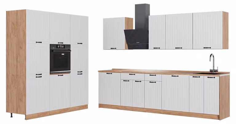 Cucina componibile Vicco Fame-Line Bianco rustico/Rovere dorato 460 cm senza piano di lavoro, Model 63812