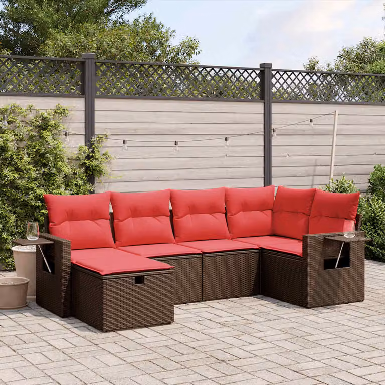 Set di divani da giardino vidaXL a forma di L composto da 6 pezzi con cuscini marroni in polyrattan e struttura in acciaio rivestito in polvere