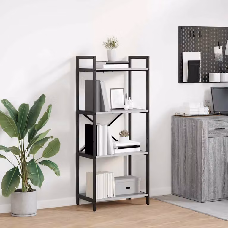 Libreria a 4 livelli vidaXL in stile industrial con legno e metallo, L/P/H: 56 x 34 x 133,5 cm, Grigio e Nero