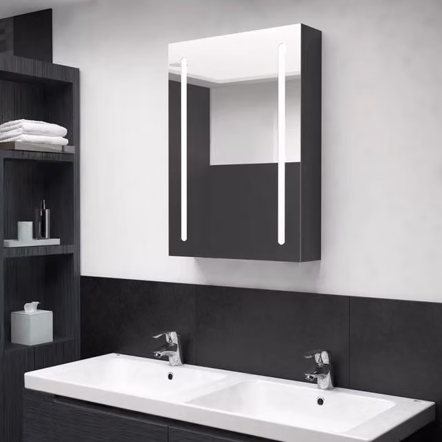 Armadietto da bagno Design Mania con specchio e illuminazione LED, Nero Lucido, L: 50 cm, P: 13 cm, H: 70 cm