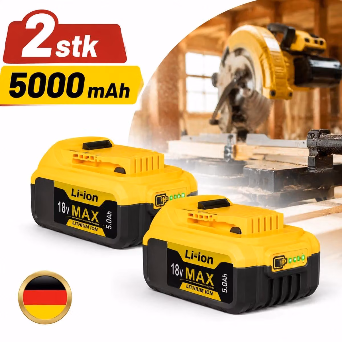 2 batterie di ricambio agli ioni di litio XR da 18V/20V e 5Ah, compatibili con gli utensili DeWalt DCB200 e DCB184