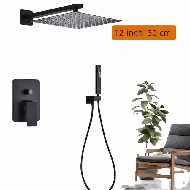 Set doccia, design a parete, soffione a pioggia, 2 vie da 12 pollici