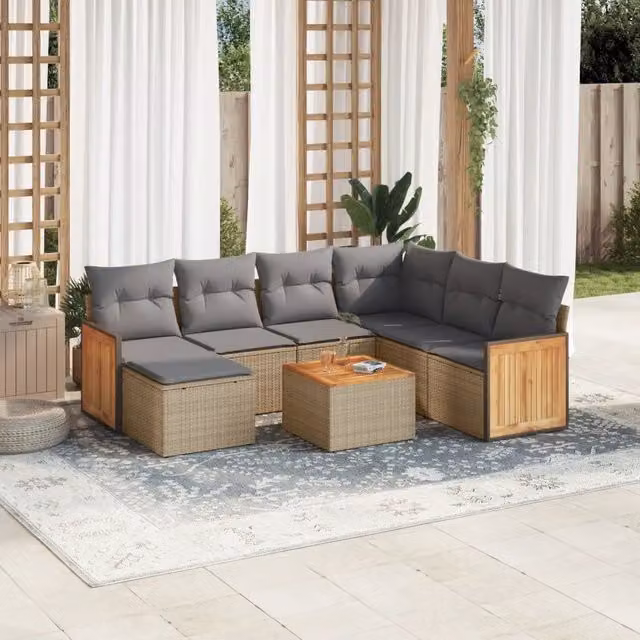 vidaXL Set Divano da Giardino 8 pz a L in Polyrattan con Cuscini Beige e Grigio – 1