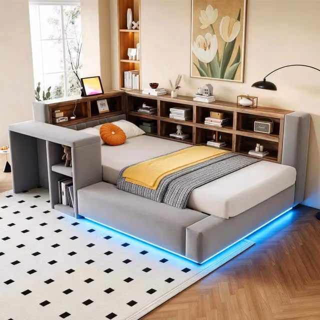 Letto singolo imbottito con contenitore 90 x 200 cm - testiera con LED e prese, tavolino laterale, rete a doghe - velluto - grigio