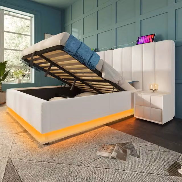 Letto matrimoniale contenitore 160 × 200 cm con rete a doghe in PU bianco LED USB Type-C e controllo tramite app