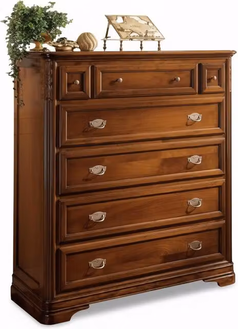 Cassettiera Mobili 2G con 7 cassetti e ribalta in legno massello tinta noce L: 120 cm, P: 51 cm, H: 130 cm