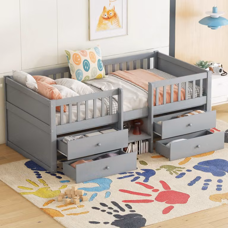 okwish Letto per bambini Letto singolo 90x200cm con 4 cassetti, sponde, scaletta, mezzo letto con protezione anticaduta (senza materasso) - Grigio