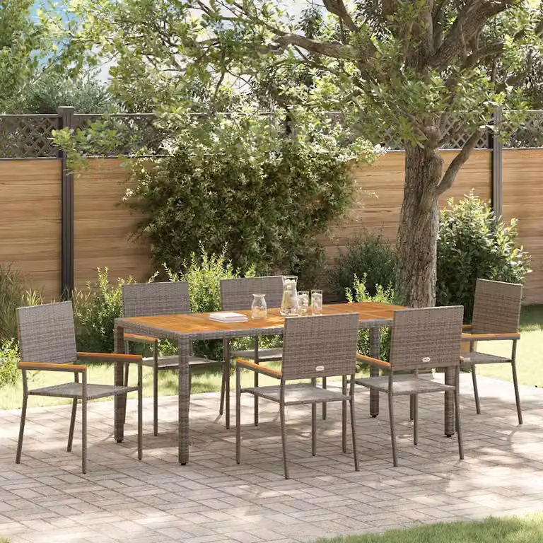 Set da pranzo per giardino e terrazza vidaXL in polyrattan grigio e marrone con tavolo in legno di acacia e 7 pezzi