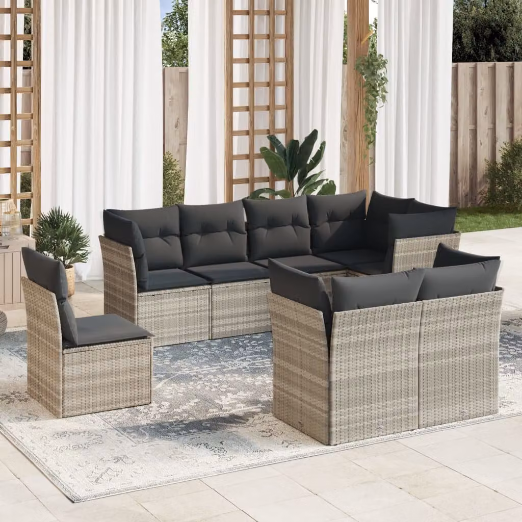 vidaXL Set Divano da Giardino 8pz in Polyrattan Grigio con Cuscini Imbottiti e Coperture Rimovibili – 1
