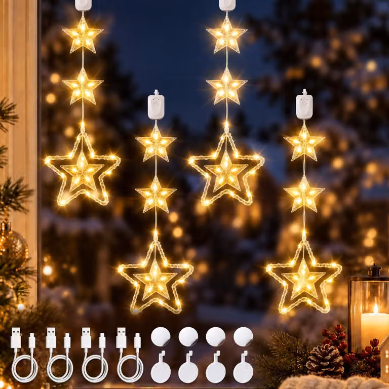 Luci decorative a LED a forma di stella per finestre, set di 4 pezzi, luce bianco caldo, ricaricabili