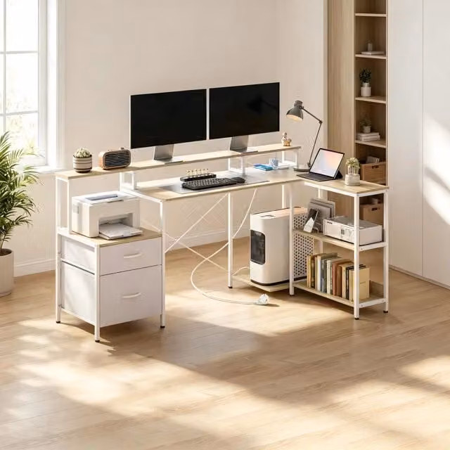 Scrivania angolare con LED a 7 colori; prese USB e USB-C; supporto monitor e 2 cassetti bianca 172 × 100 × 89 cm