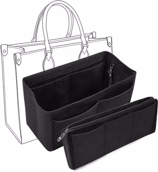 Organizer da borsa in feltro nero con tasche multiple e portachiavi