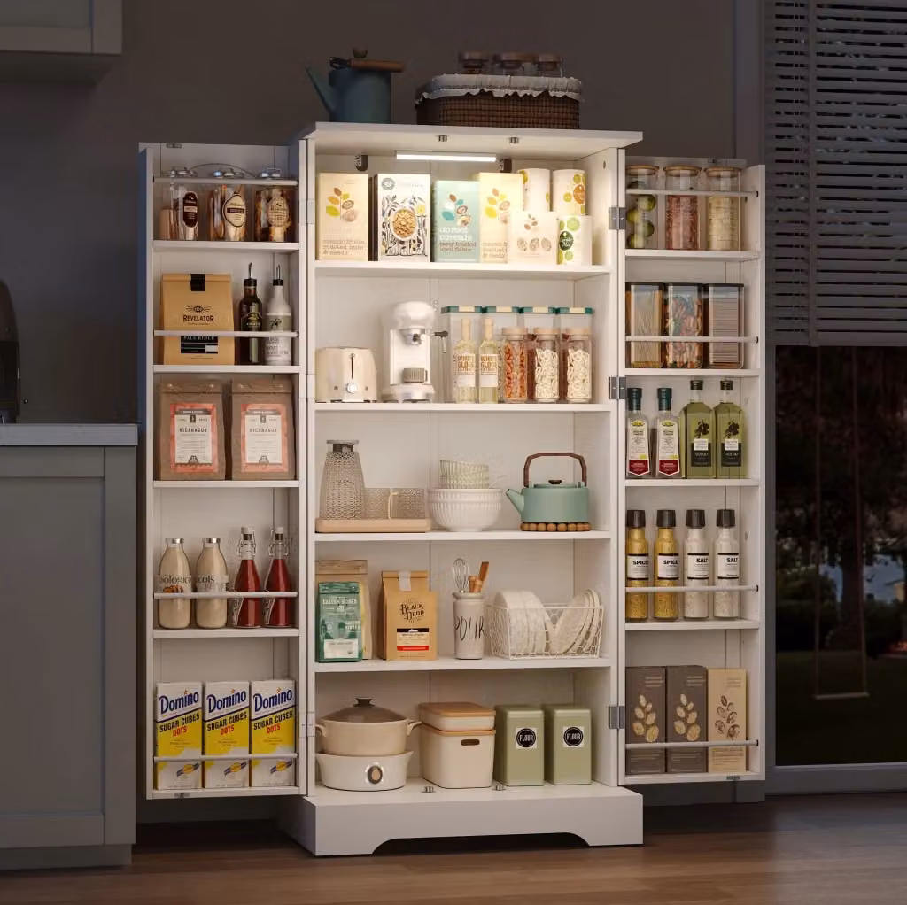 Credenza da cucina MODFU bianca con luce LED integrata e ripiani regolabili L/P/H: 60 x 35 x 128 cm – 2