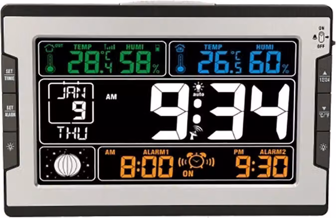 Stazione meteorologica digitale multifunzionale sveglia monitor temperatura interna esterna umidità grande display a colori con retroilluminazione termoigrometro