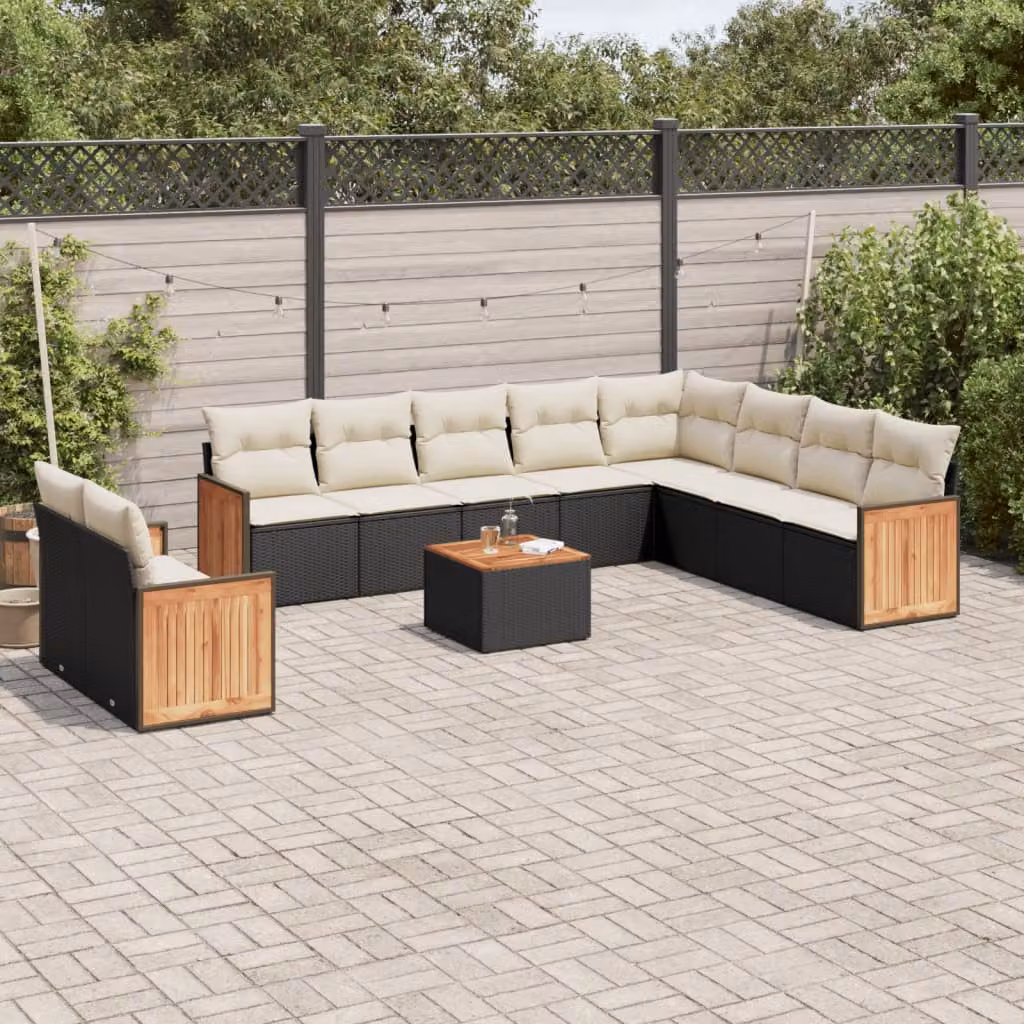 vidaXL Set Divani da Giardino 11 pz in Polyrattan Nero con Cuscini e Tavolino da Esterno a Forma di L – 1