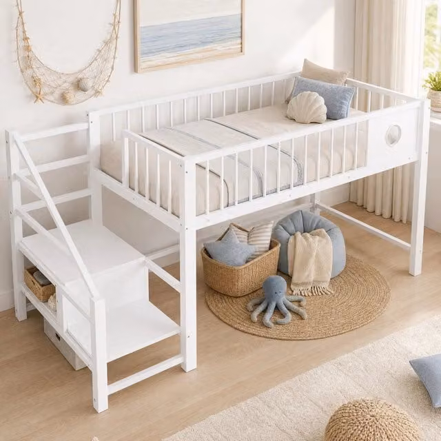 Letto a castello basso 90x200 cm bianco in metallo e MDF con scala portaoggetti
