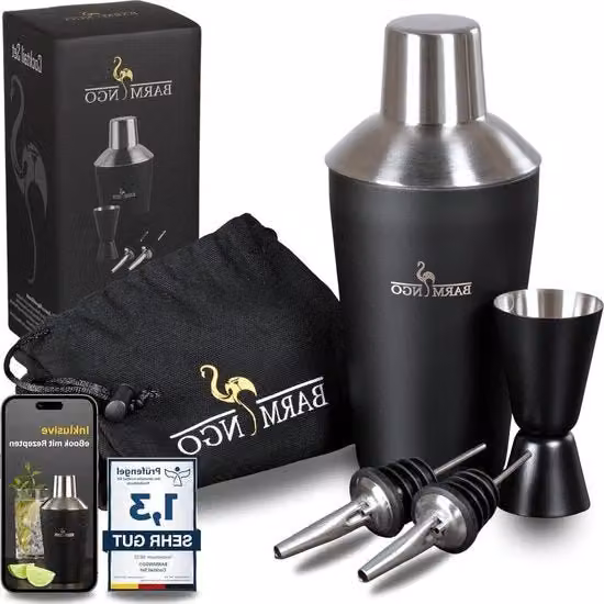 Set da bar BARMINGO composto da 5 pezzi con shaker da 500 ml in acciaio inossidabile, nero e argento