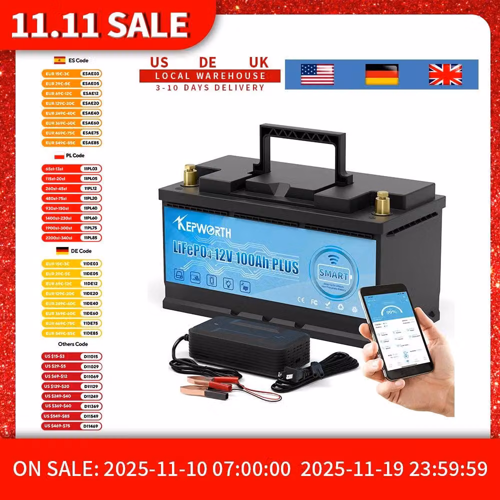 Batteria LiFePO4 da 12V 100Ah - Batteria al litio - Batteria per camper - Batteria per furgoni - Batteria per golf cart - Sistema di gestione della batteria (BMS) con Bluetooth
