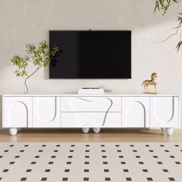 Mobile TV 180 cm bianco con gambe in legno - Zephmum - Minimalista, elegante, ampio spazio di archiviazione