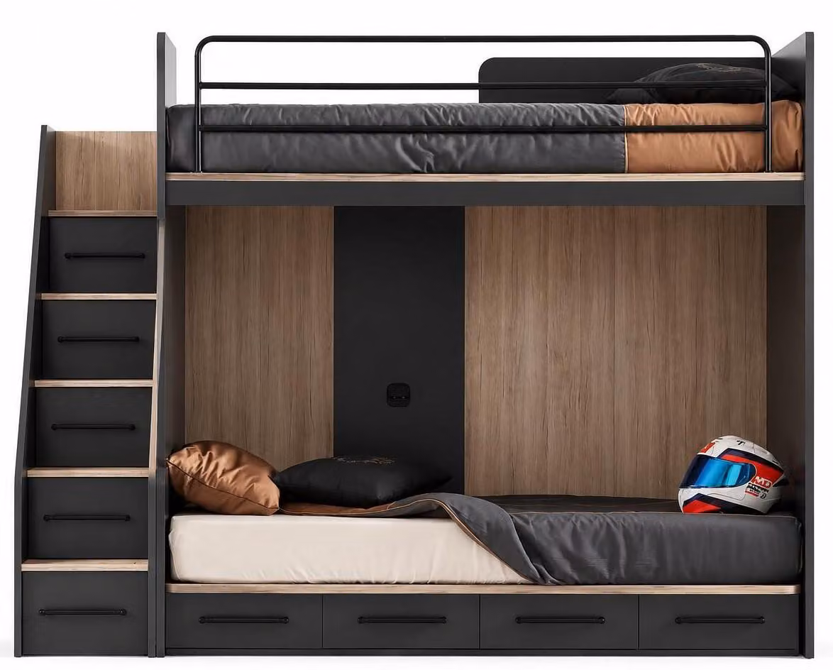 Letto a castello, letto a soppalco, legno, marrone, scala, spazio contenitivo, camera da letto per adolescenti