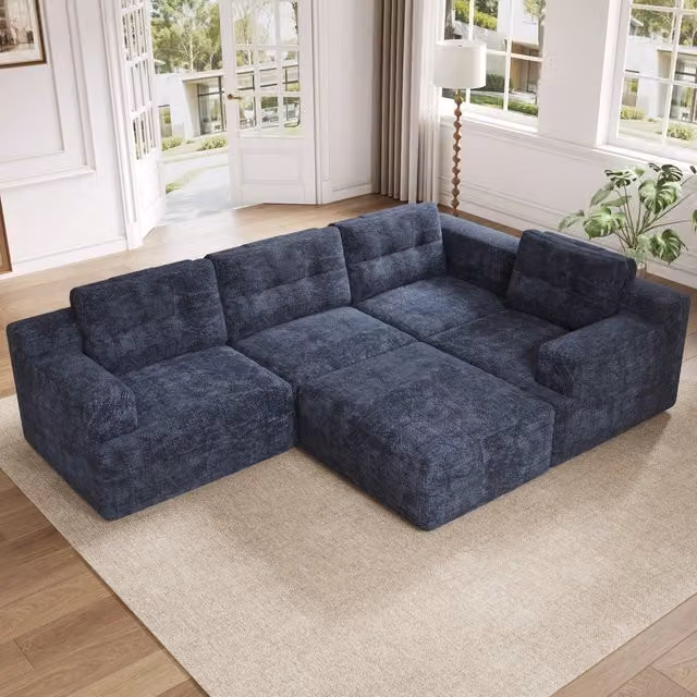 Divano modulare 252x180x82 cm configurabile in ciniglia blu
