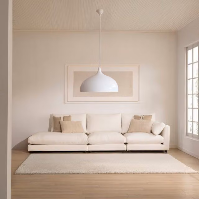 Divano modulare Banak a 3 posti con modulo aperto a sinistra, rivestimento in tessuto bianco e struttura in legno, stile minimalista