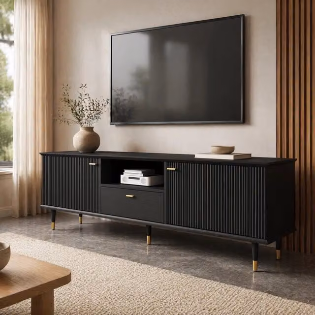 Mobile TV moderno FOLYNA in MDF nero con 2 ante, 2 cassetti con chiusura ammortizzata e vano passacavi, L: 170 cm, P: 36 cm, H: 54 cm