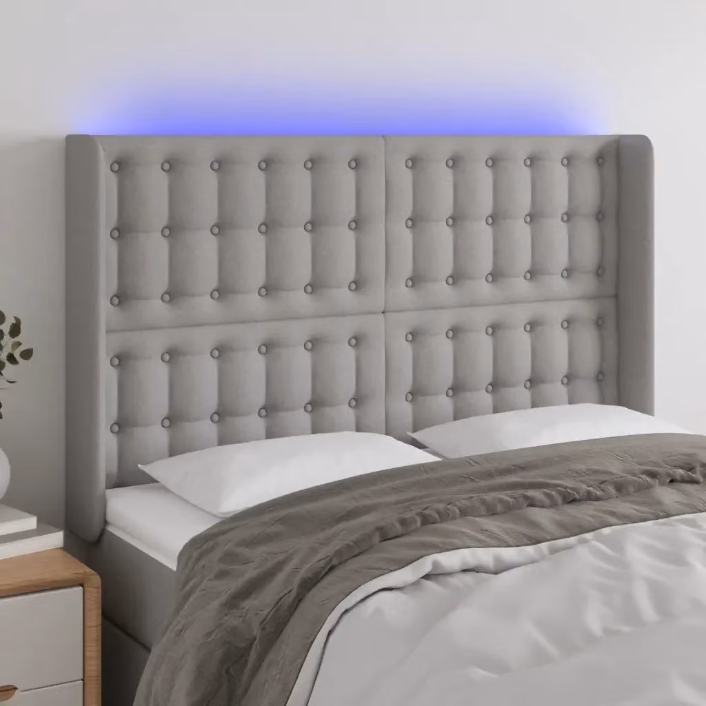 Testata del letto moderna in tessuto grigio con illuminazione LED integrata e porta di ricarica USB, L: 147 cm, P: 16 cm, H: 118-128 cm – 2