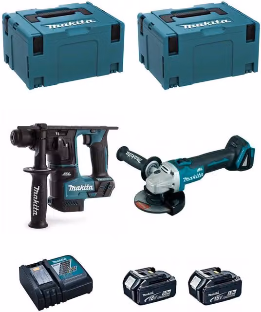 Kit Makita DLX2125TJ1B con Levigatrice DGA504, Perforatore DHR171, 2 Batterie da 5,0 Ah e Caricatore DC18RC con 2 Contenitori Makpac 3