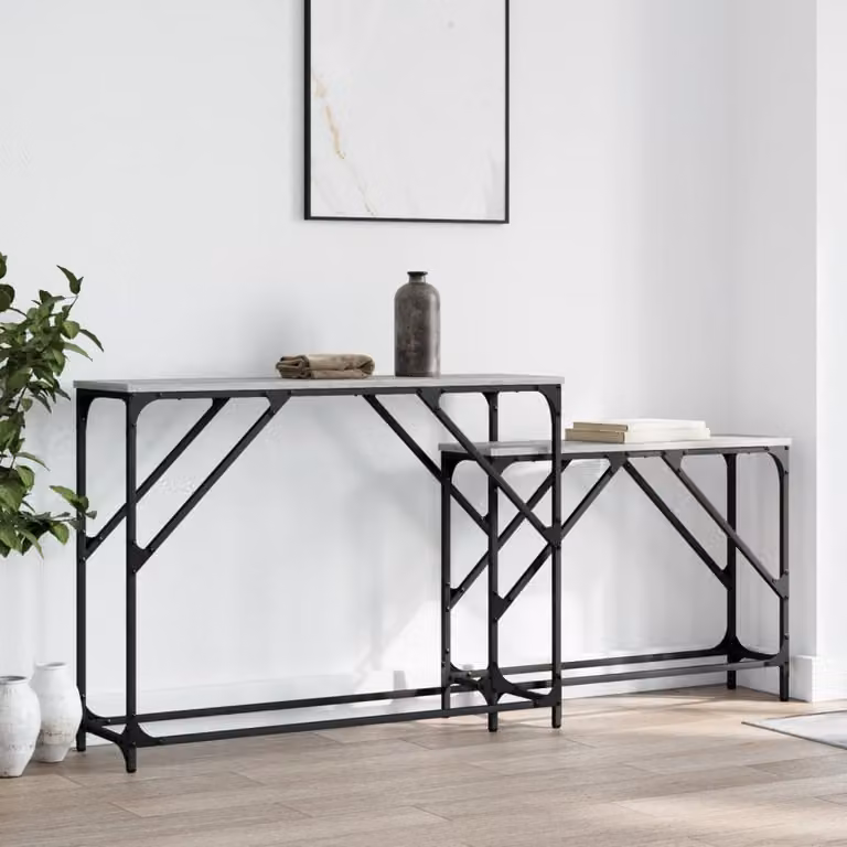 Set di 2 tavoli consolle impilabili vidaXL in legno multistrato e metallo, colore grigio Sonoma, stile industriale