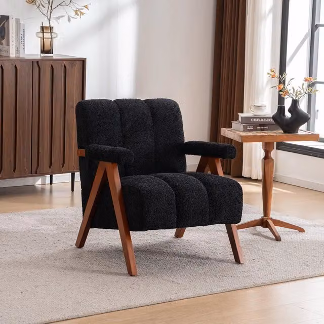 Poltrona Minimal in tessuto bouclé nero con struttura in legno di quercia e braccioli per soggiorno e camera da letto