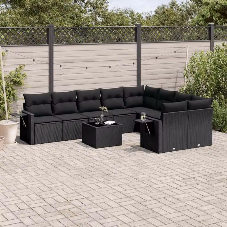 Set di divani da giardino vidaXL in polyrattan nero con cuscini e tavolino da esterno a forma di L
